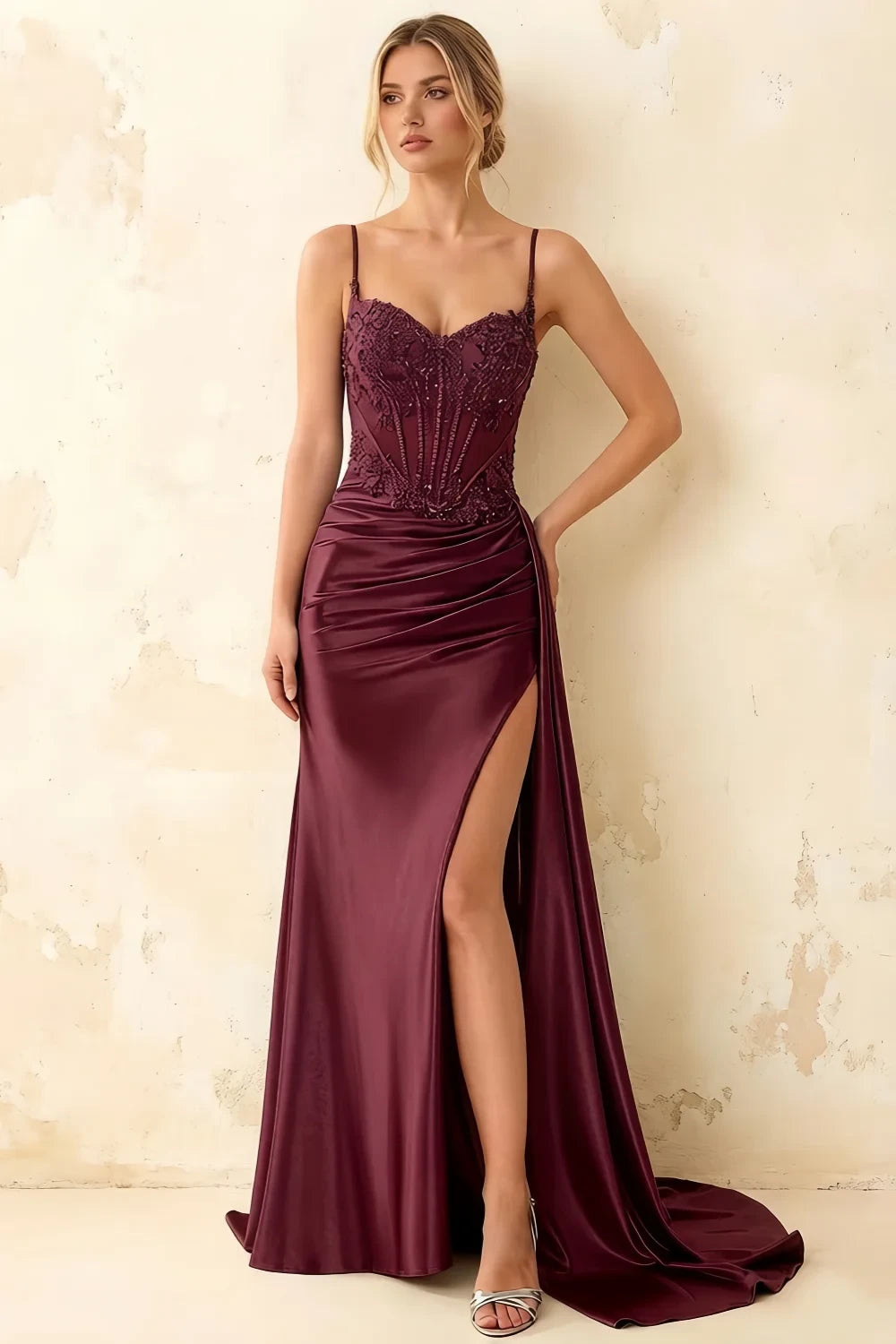 Joan Burgundy Satin Mermaid Beaded Maxi Dress