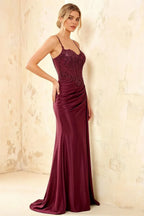 Joan Burgundy Satin Mermaid Beaded Maxi Dress