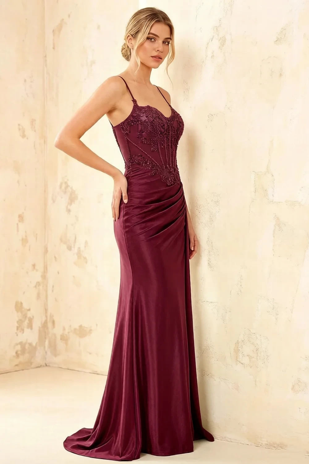 Joan Burgundy Satin Mermaid Beaded Maxi Dress
