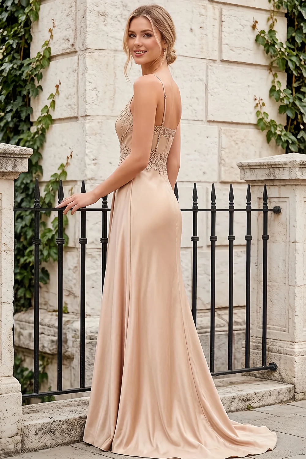 Joan Champagne Satin Mermaid Beaded Maxi Dress