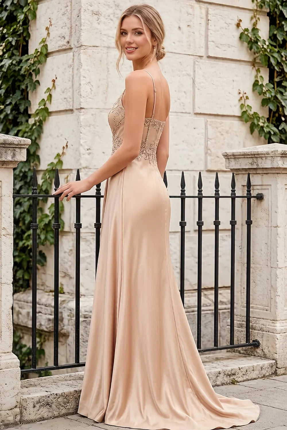 Joan Champagne Satin Mermaid Beaded Maxi Dress