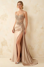 Joan Champagne Satin Mermaid Beaded Maxi Dress