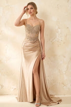 Joan Champagne Satin Mermaid Beaded Maxi Dress