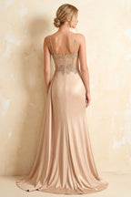 Joan Champagne Satin Mermaid Beaded Maxi Dress
