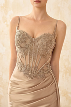 Joan Champagne Satin Mermaid Beaded Maxi Dress