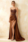 Joan Chocolate Satin Mermaid Beaded Maxi Dress
