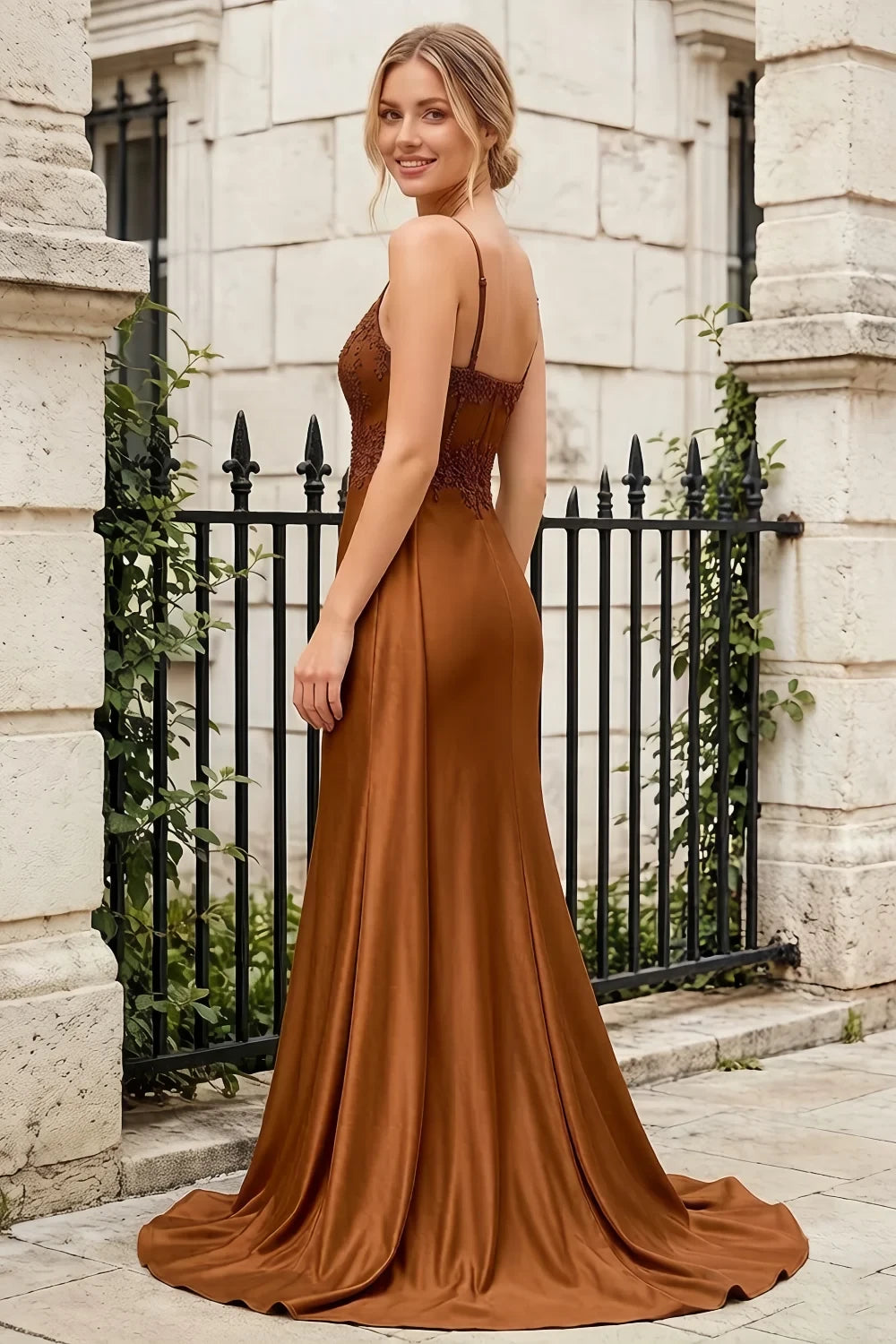 Joan Chocolate Satin Mermaid Beaded Maxi Dress