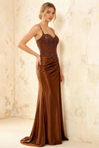 Joan Chocolate Satin Mermaid Beaded Maxi Dress