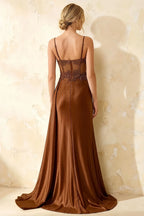 Joan Chocolate Satin Mermaid Beaded Maxi Dress