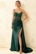 Joan Emerald Green Satin Mermaid Beaded Maxi Dress