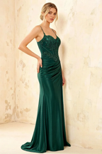 Joan Emerald Green Satin Mermaid Beaded Maxi Dress