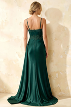 Joan Emerald Green Satin Mermaid Beaded Maxi Dress