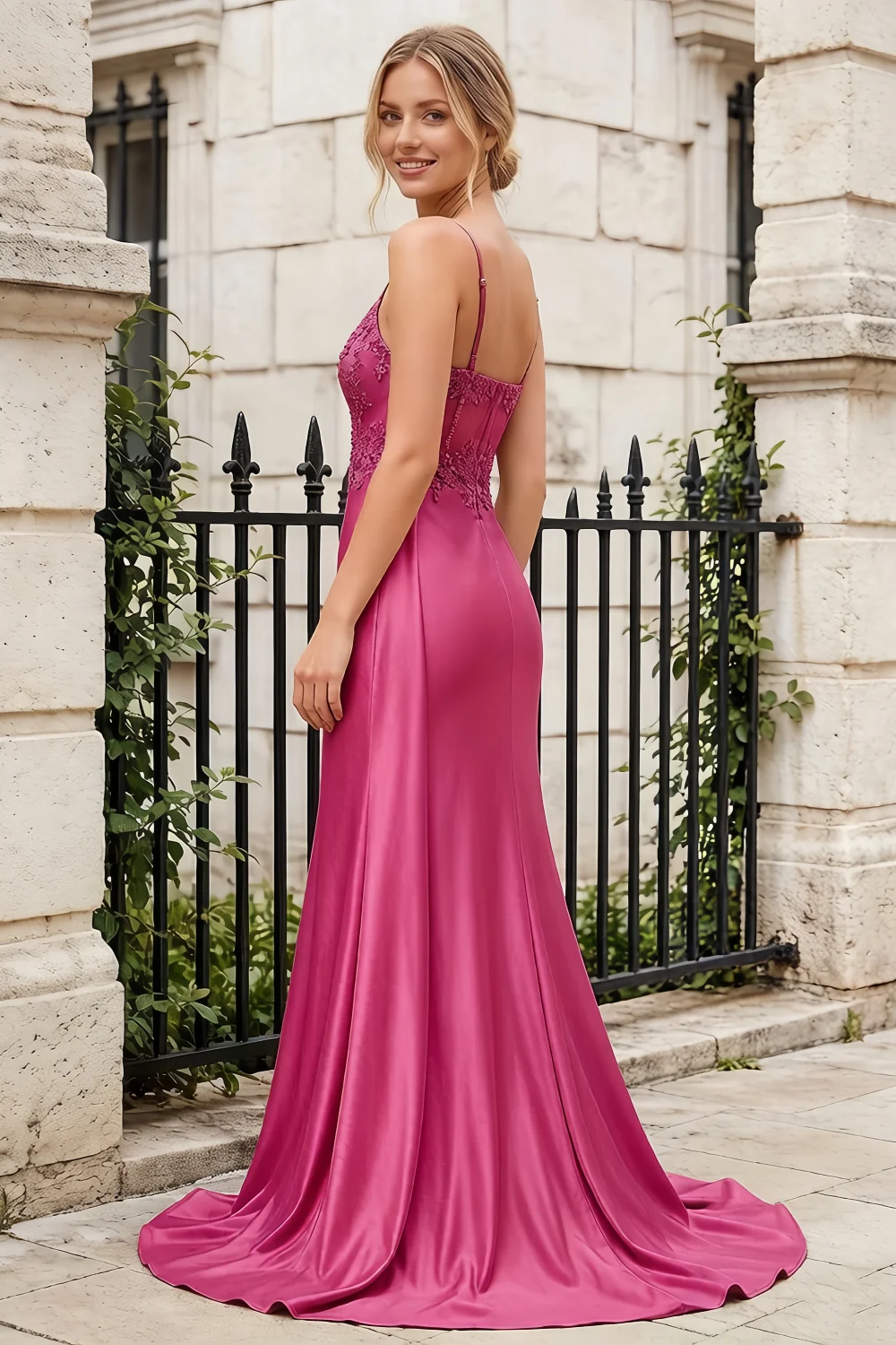 Joan Fuchsia Satin Mermaid Beaded Maxi Dress