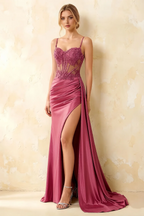 Joan Fuchsia Satin Mermaid Beaded Maxi Dress