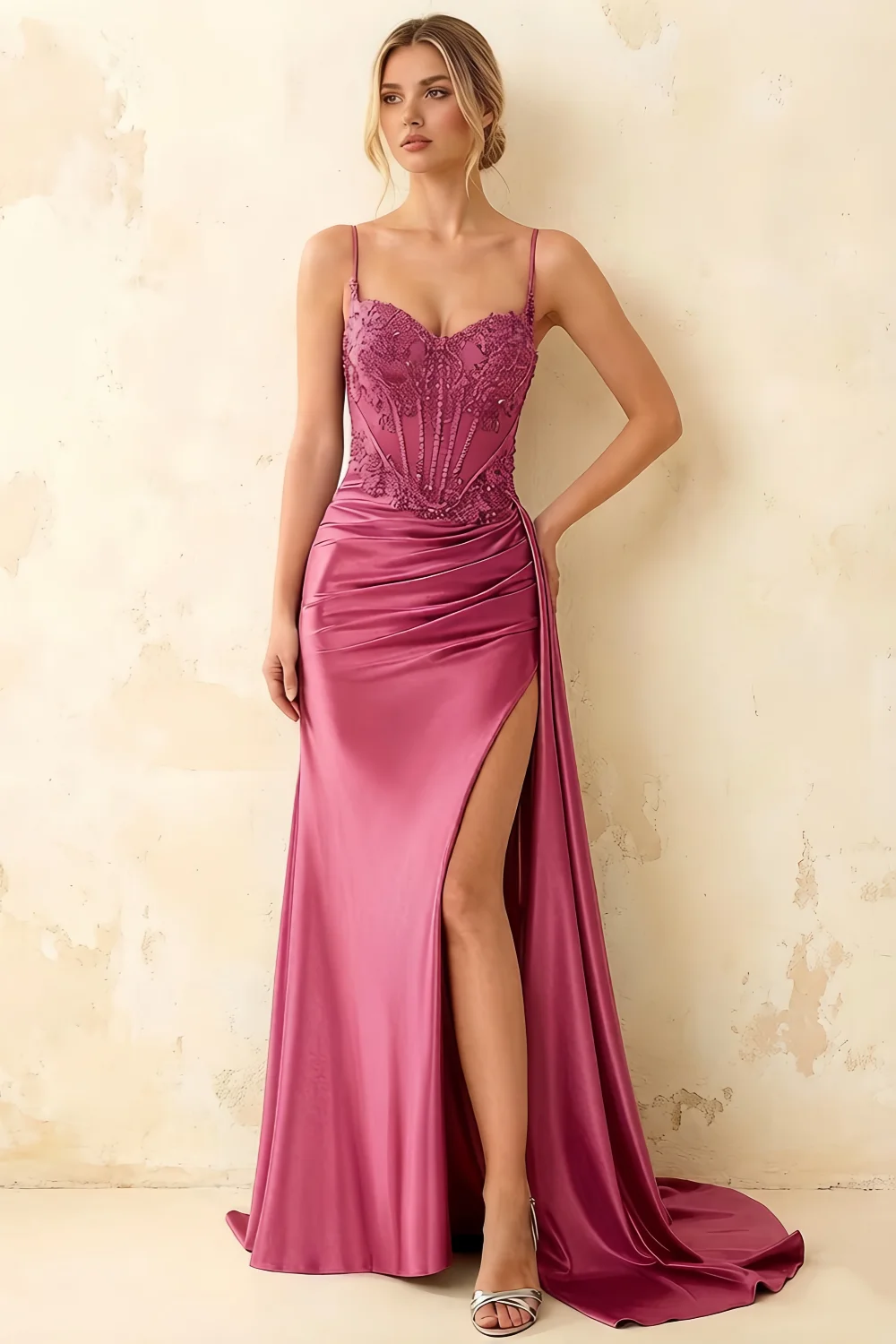 Joan Fuchsia Satin Mermaid Beaded Maxi Dress