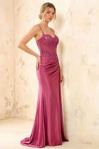 Joan Fuchsia Satin Mermaid Beaded Maxi Dress