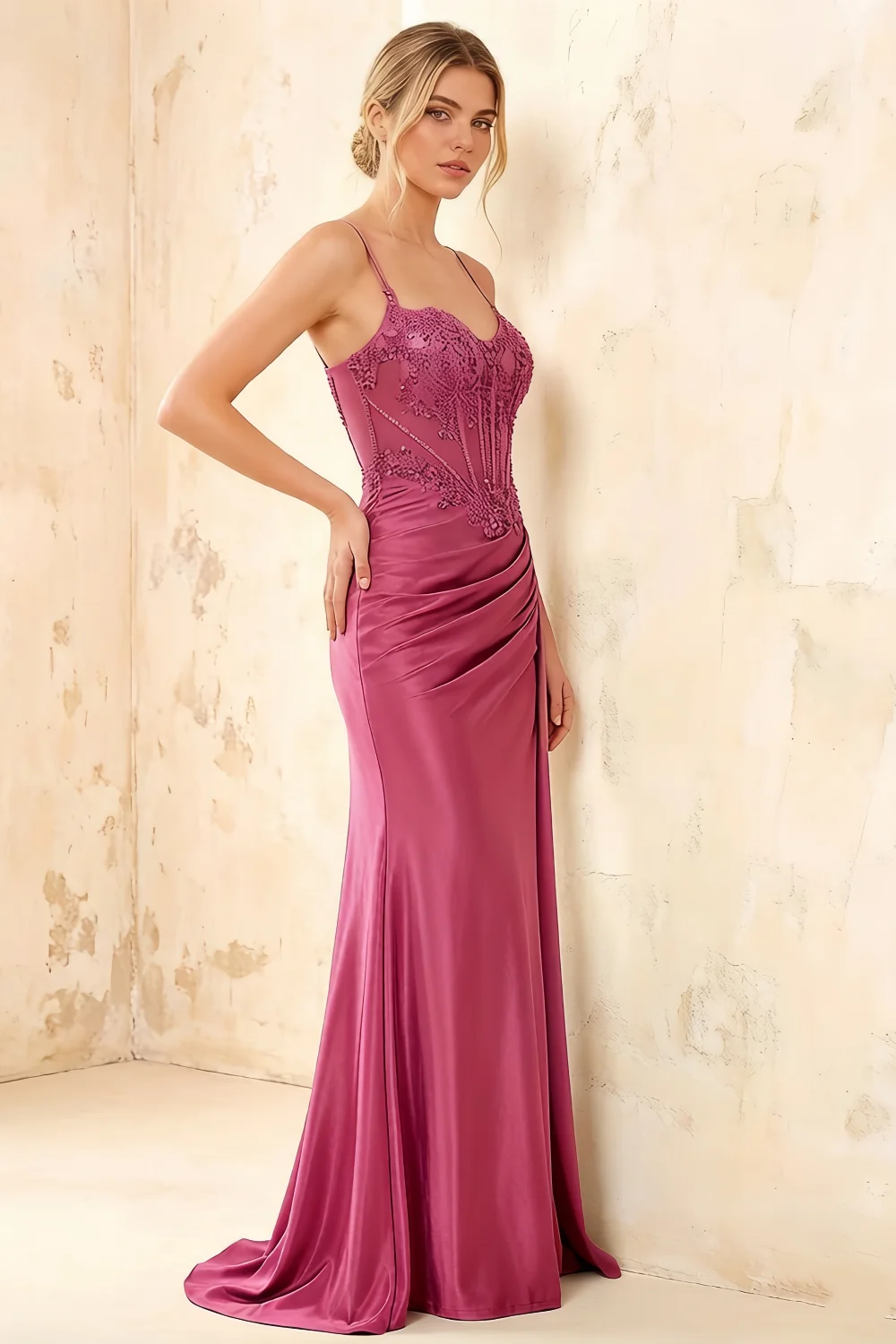 Joan Fuchsia Satin Mermaid Beaded Maxi Dress