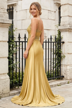 Joan Golden Satin Mermaid Beaded Maxi Dress