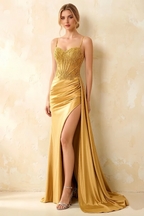 Joan Golden Satin Mermaid Beaded Maxi Dress