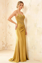Joan Golden Satin Mermaid Beaded Maxi Dress