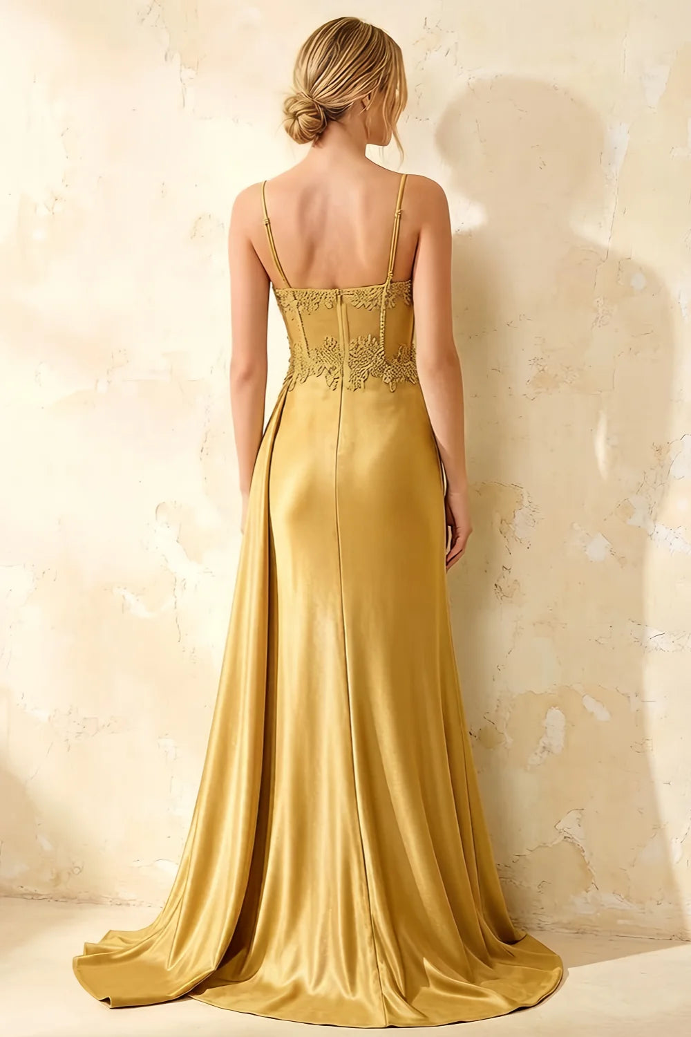 Joan Golden Satin Mermaid Beaded Maxi Dress