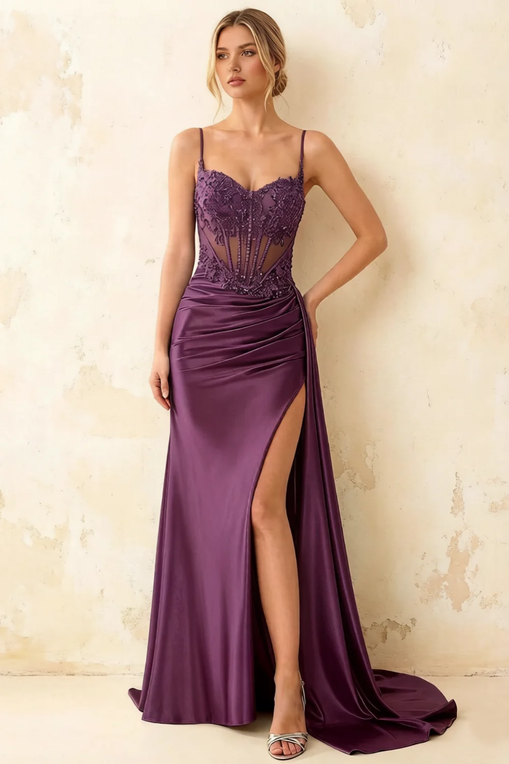 Joan Grape Satin Mermaid Beaded Maxi Dress