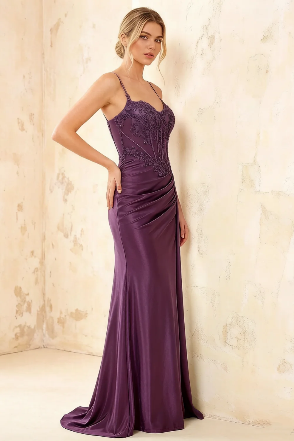 Joan Grape Satin Mermaid Beaded Maxi Dress