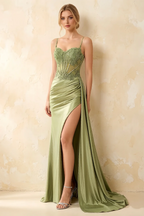 Joan Green Satin Mermaid Beaded Maxi Dress