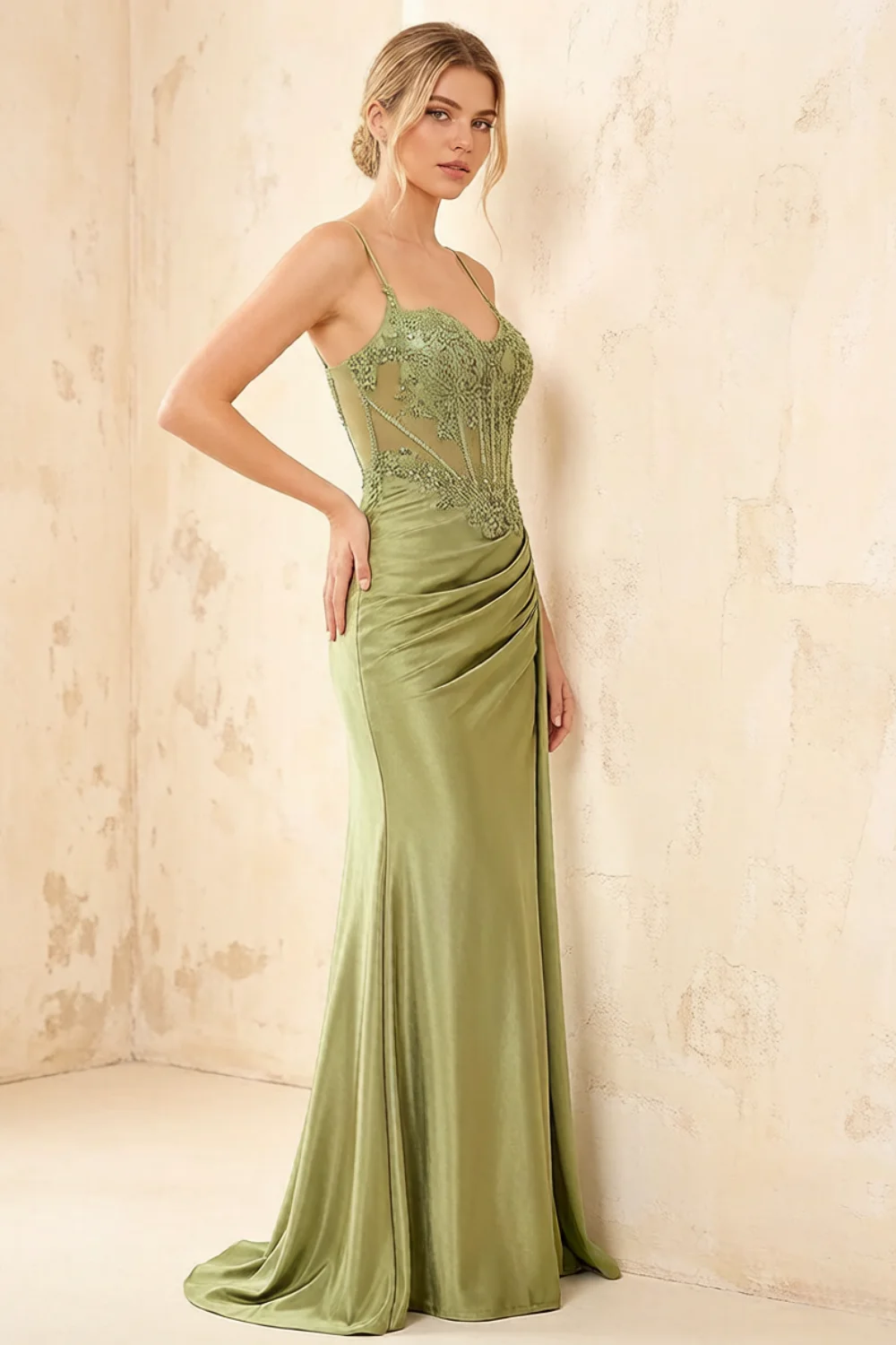 Joan Green Satin Mermaid Beaded Maxi Dress