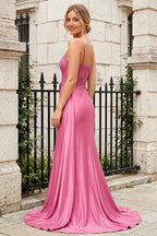 Joan Hot Pink Satin Mermaid Beaded Maxi Dress