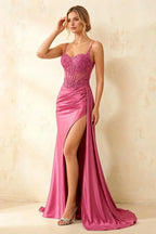 Joan Hot Pink Satin Mermaid Beaded Maxi Dress
