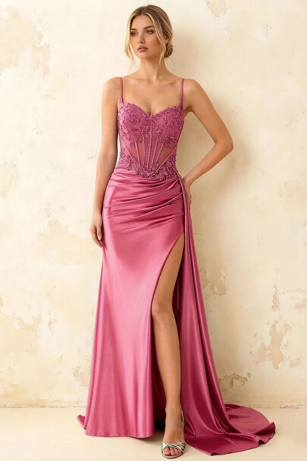 Joan Hot Pink Satin Mermaid Beaded Maxi Dress