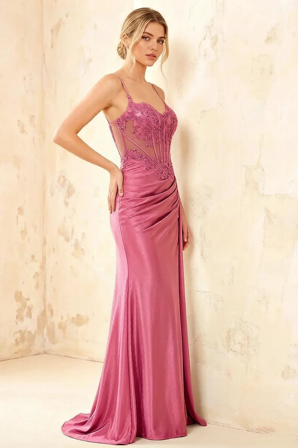 Joan Hot Pink Satin Mermaid Beaded Maxi Dress
