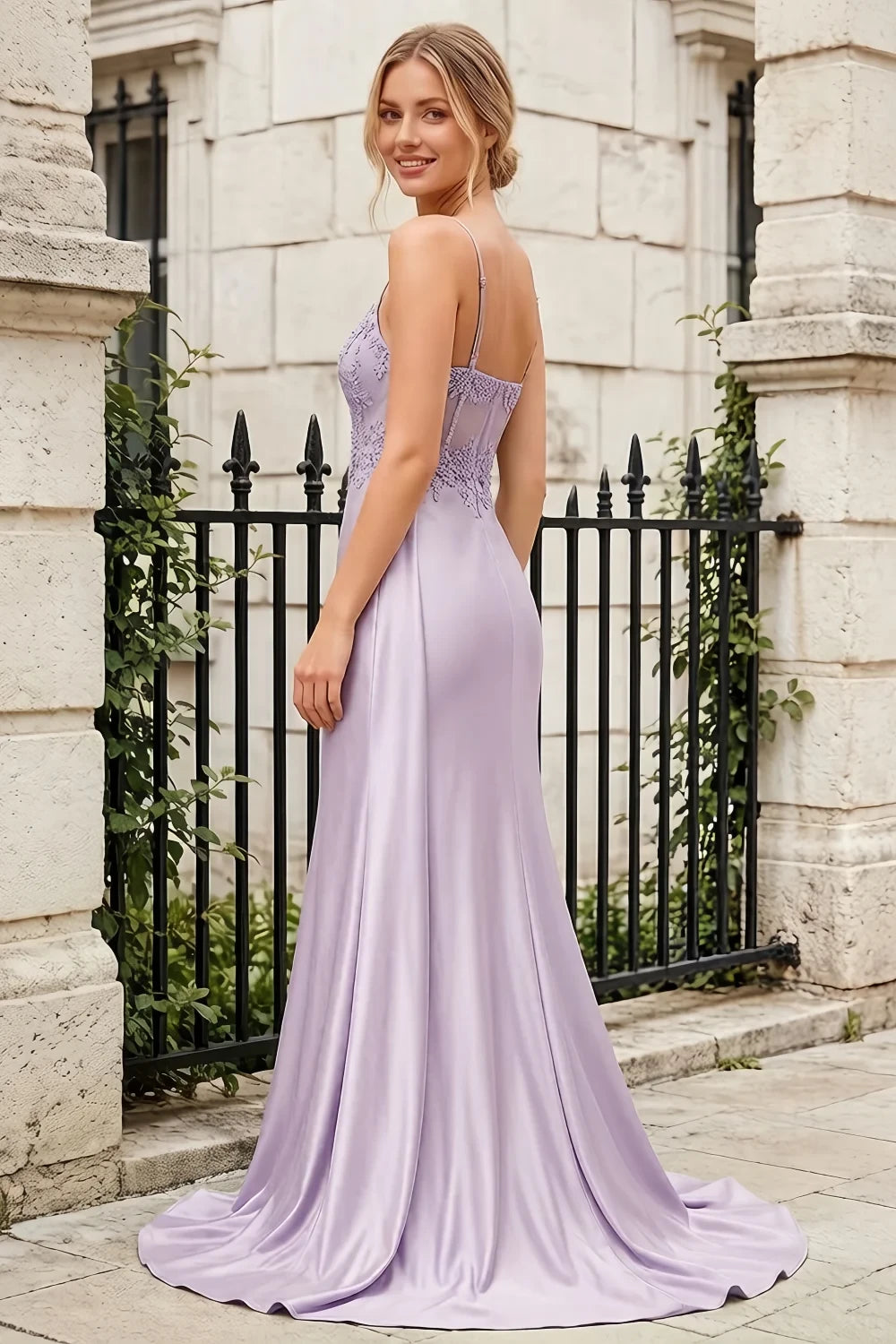 Joan Lavender Satin Mermaid Beaded Maxi Dress