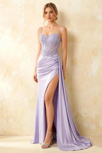Joan Lavender Satin Mermaid Beaded Maxi Dress