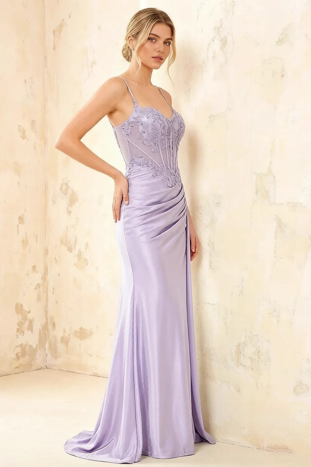 Joan Lavender Satin Mermaid Beaded Maxi Dress