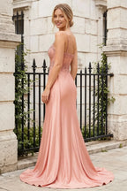 Joan Light Pink Satin Mermaid Beaded Maxi Dress