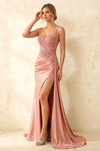 Joan Light Pink Satin Mermaid Beaded Maxi Dress