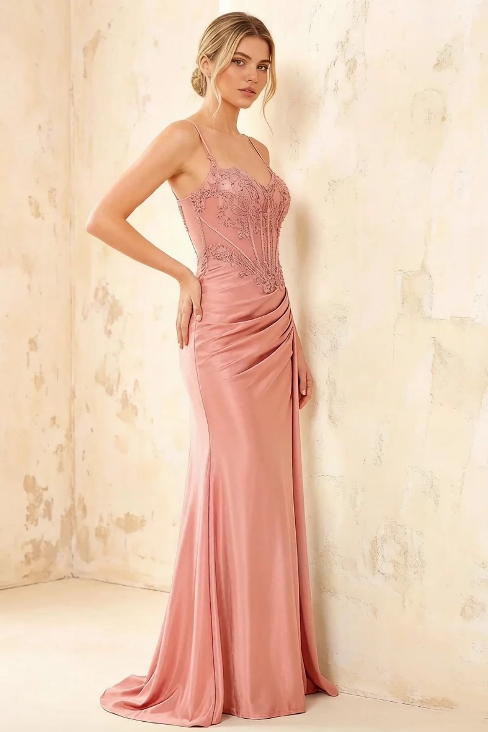 Joan Light Pink Satin Mermaid Beaded Maxi Dress