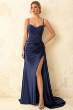 Joan Navy Blue Satin Mermaid Beaded Maxi Dress