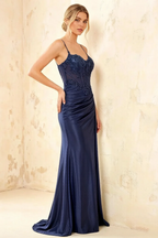 Joan Navy Blue Satin Mermaid Beaded Maxi Dress