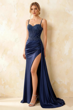 Joan Navy Blue Satin Mermaid Beaded Maxi Dress
