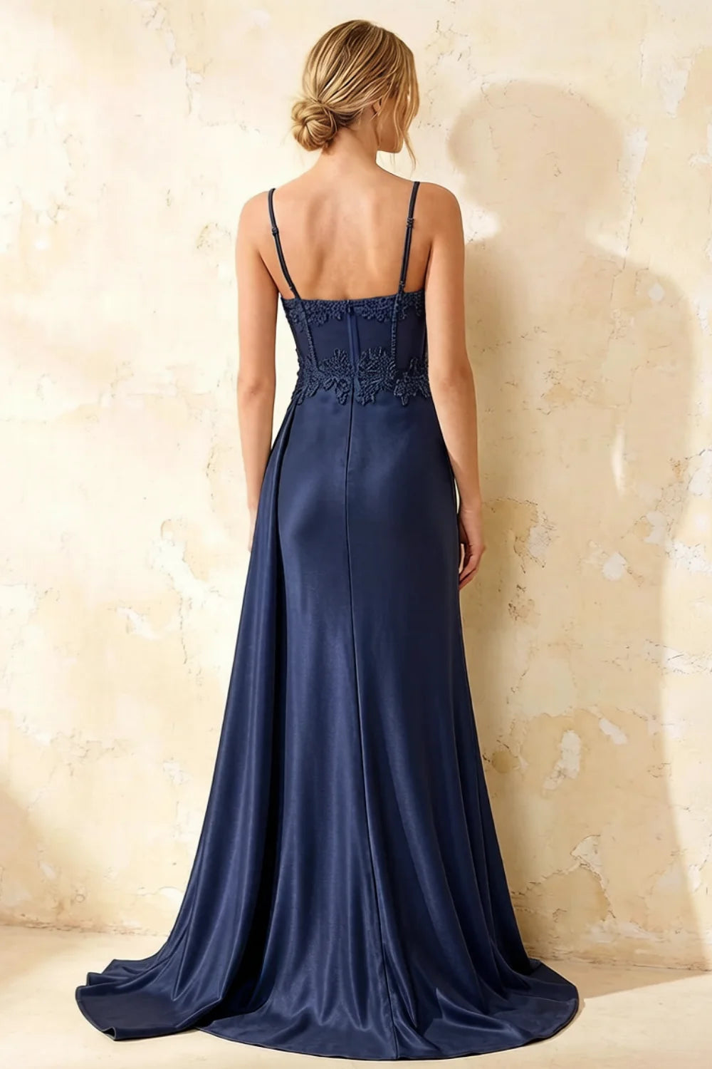 Joan Navy Blue Satin Mermaid Beaded Maxi Dress