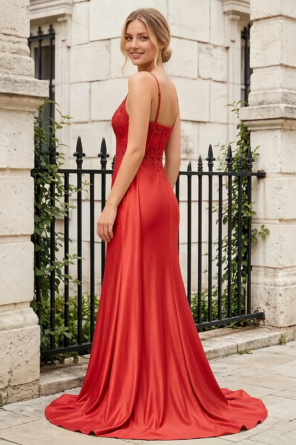 Joan Red Satin Mermaid Beaded Maxi Dress