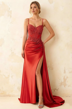 Joan Red Satin Mermaid Beaded Maxi Dress