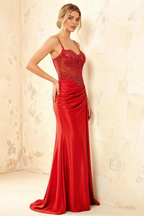 Joan Red Satin Mermaid Beaded Maxi Dress