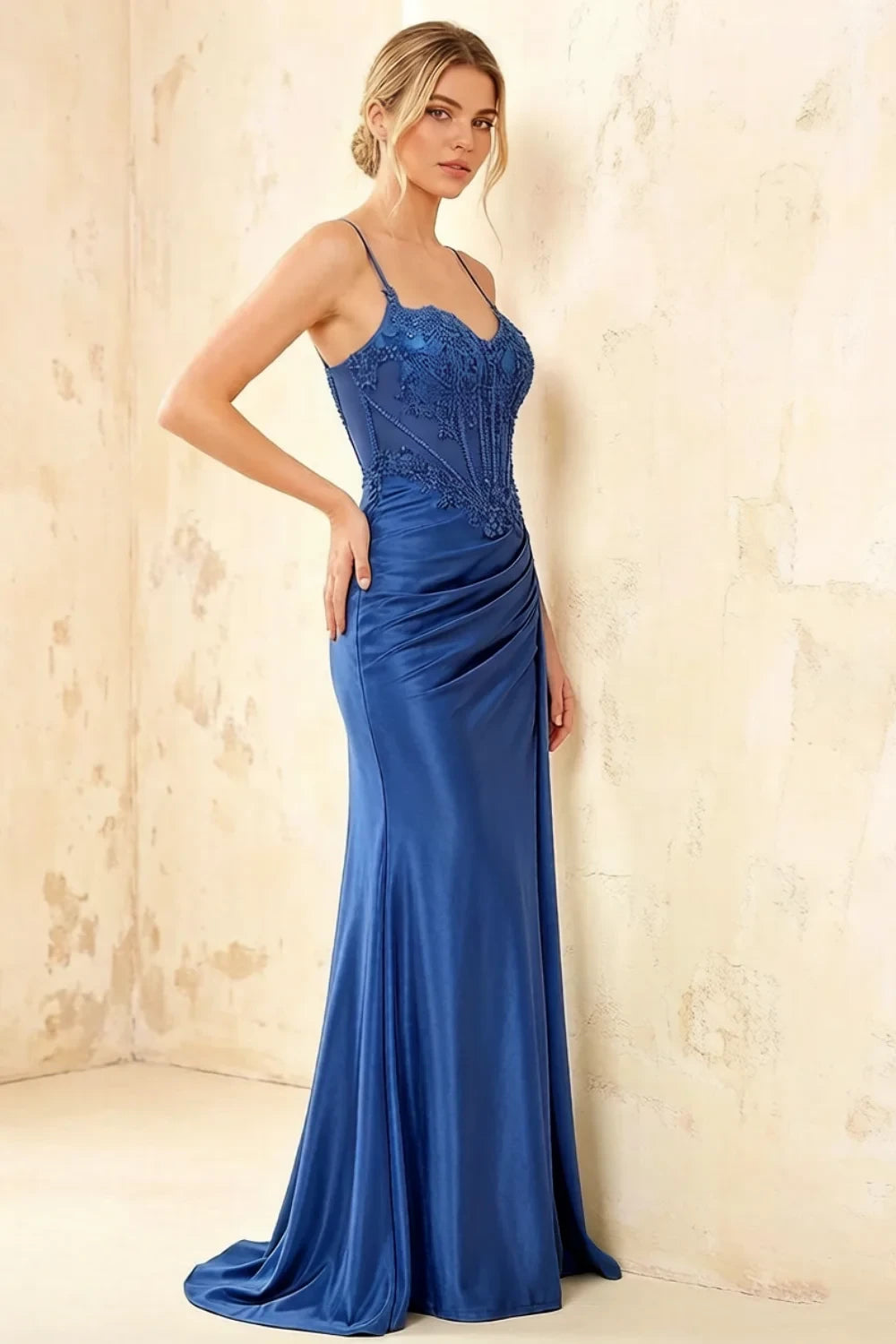 Joan Royal Blue Satin Mermaid Beaded Maxi Dress
