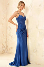 Joan Royal Blue Satin Mermaid Beaded Maxi Dress