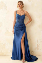 Joan Royal Blue Satin Mermaid Beaded Maxi Dress