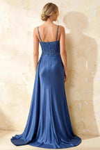 Joan Royal Blue Satin Mermaid Beaded Maxi Dress